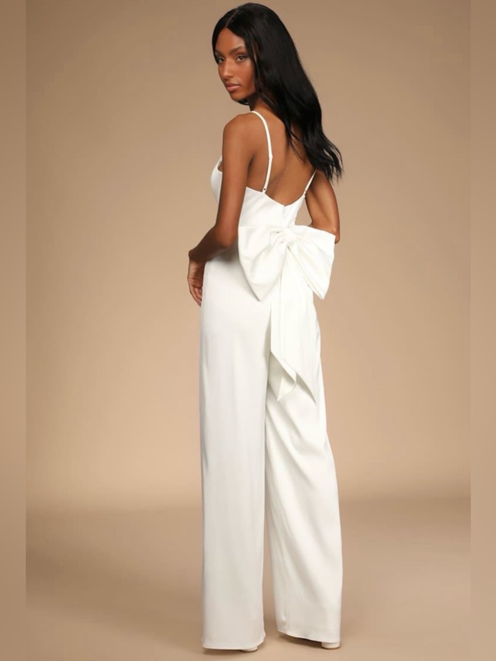 ✨🤍NWT Nasty Gal Ivory Satin Bow-Back Wide-Leg Jumpsuit | Holiday Chic | Size 12